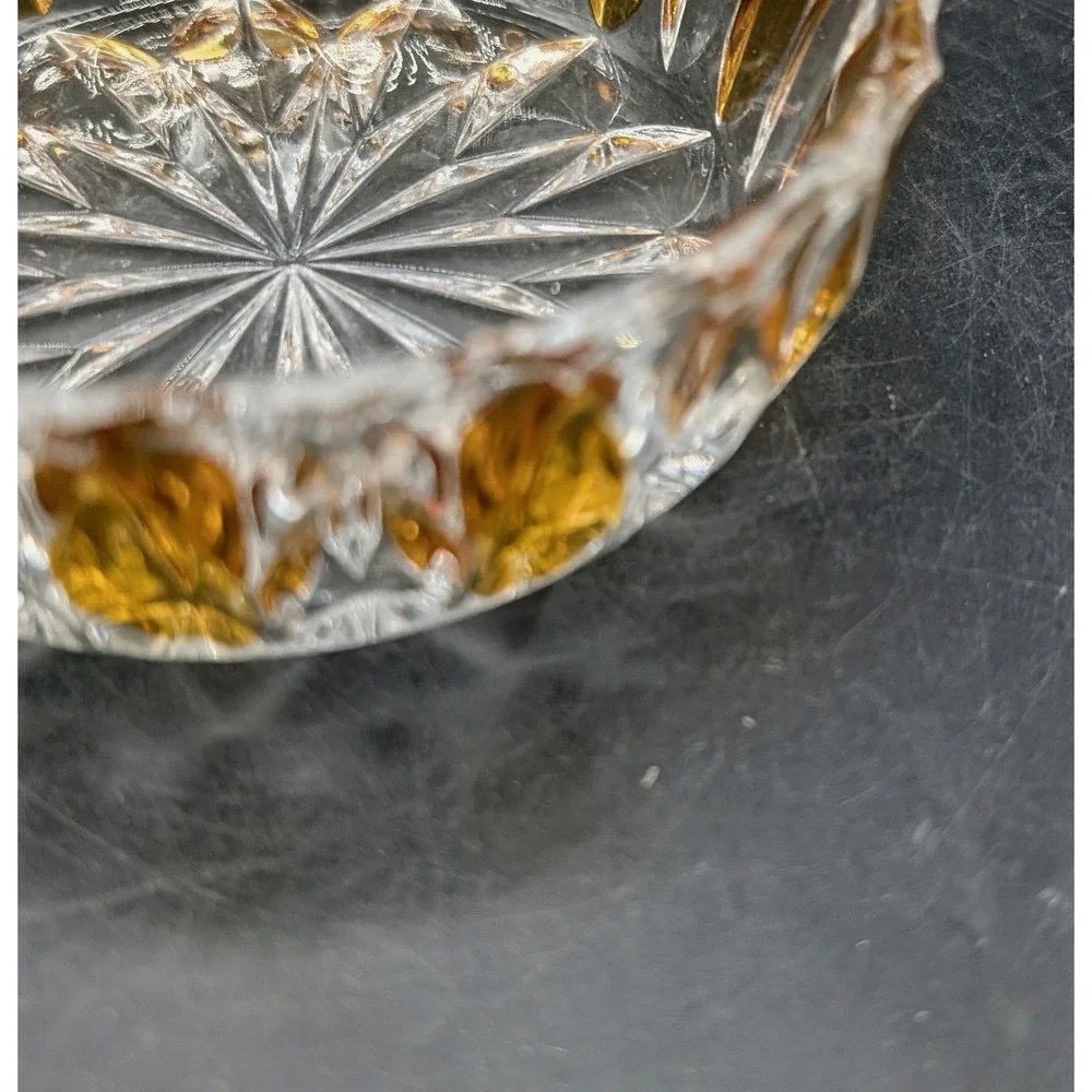 Vintage Amber Flash Cut Crystal Candy Bowl Starburst Base Scalloped Nut Dish MCM